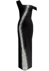 Avelira One Shoulder Bardot Crystal Maxi Dress In Black