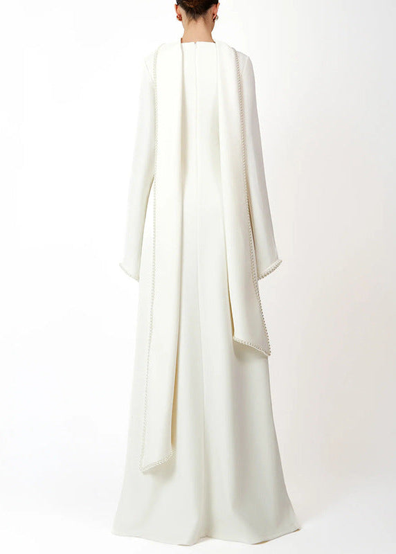 Emilie White Pearl Trim Shawl Detail Maxi Dress