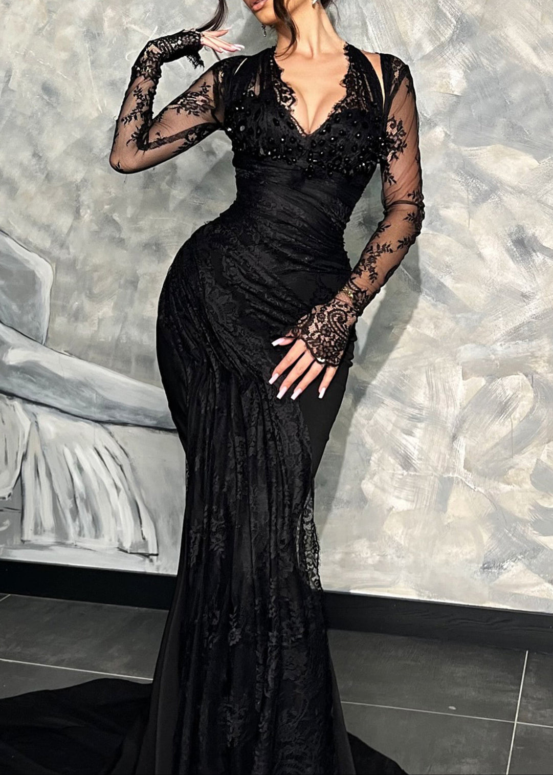 Janya Long Sleeve Halter Sequin Lace Maxi Dress In Black