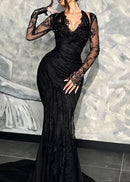 Janya Long Sleeve Halter Sequin Lace Maxi Dress In Black