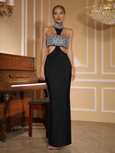 Icephor Halter Crystal Bustier Maxi Dress In Black