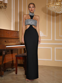 Icephor Halter Crystal Bustier Maxi Dress In Black