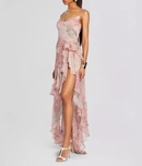 Ares Floral-Print Ruffled Silk Midi Dress In Pink