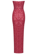 Azhor Strapless Crystal Sequin Maxi Dress In Watermelon