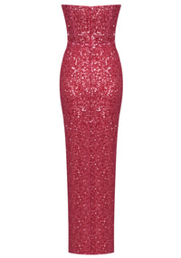 Azhor Strapless Crystal Sequin Maxi Dress In Watermelon