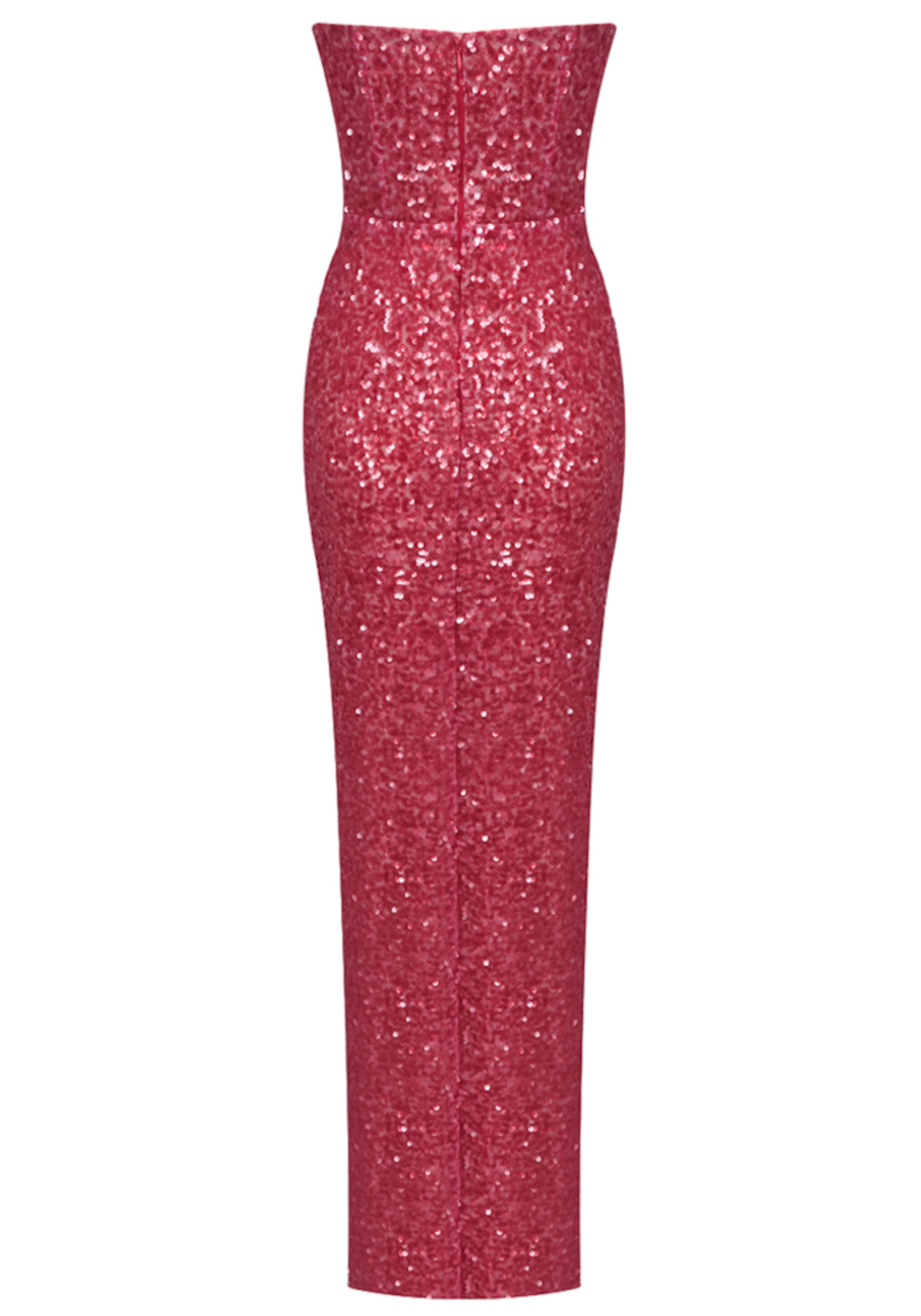 Azhor Strapless Crystal Sequin Maxi Dress In Watermelon
