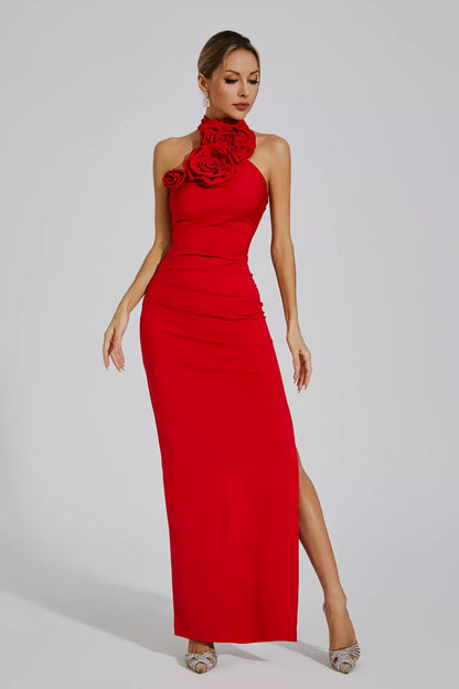 Dalary Red Floral Ruched Halter Maxi Dress