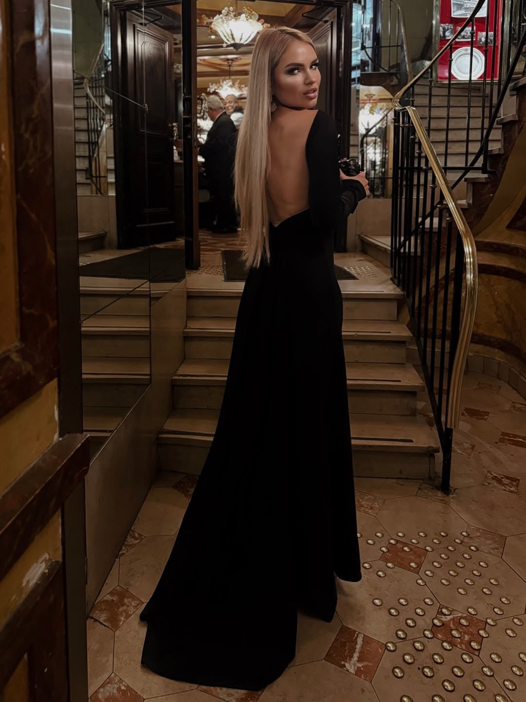 Meghyn Long Sleeve Draped Backless Maxi Dress In Black