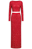 Relara Long Sleeve Crystal Maxi Two Piece Dress In Red