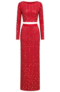 Relara Long Sleeve Crystal Maxi Two Piece Dress In Red