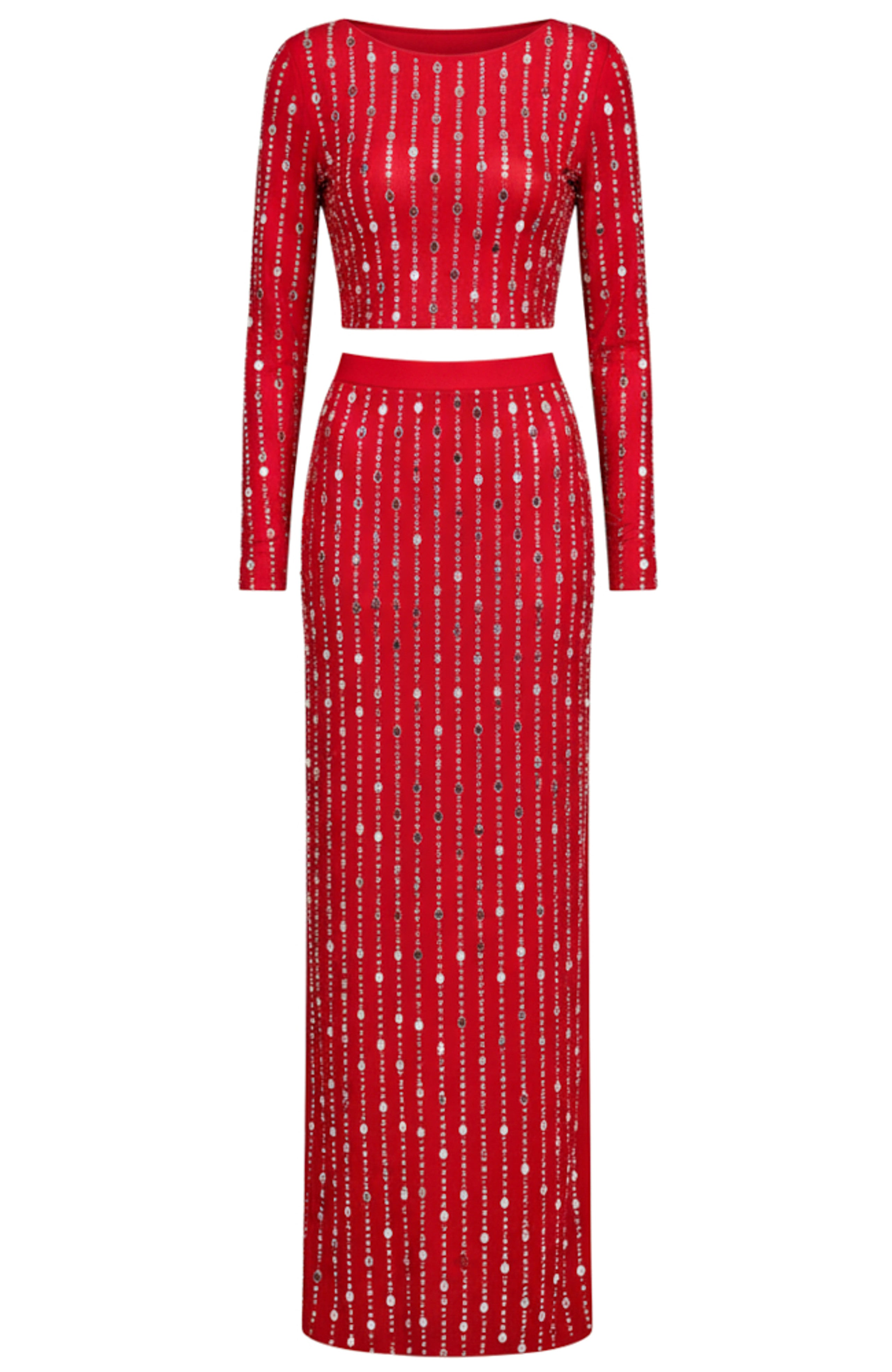 Relara Long Sleeve Crystal Maxi Two Piece Dress In Red