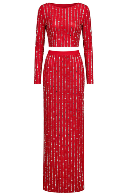 Relara Long Sleeve Crystal Maxi Two Piece Dress In Red