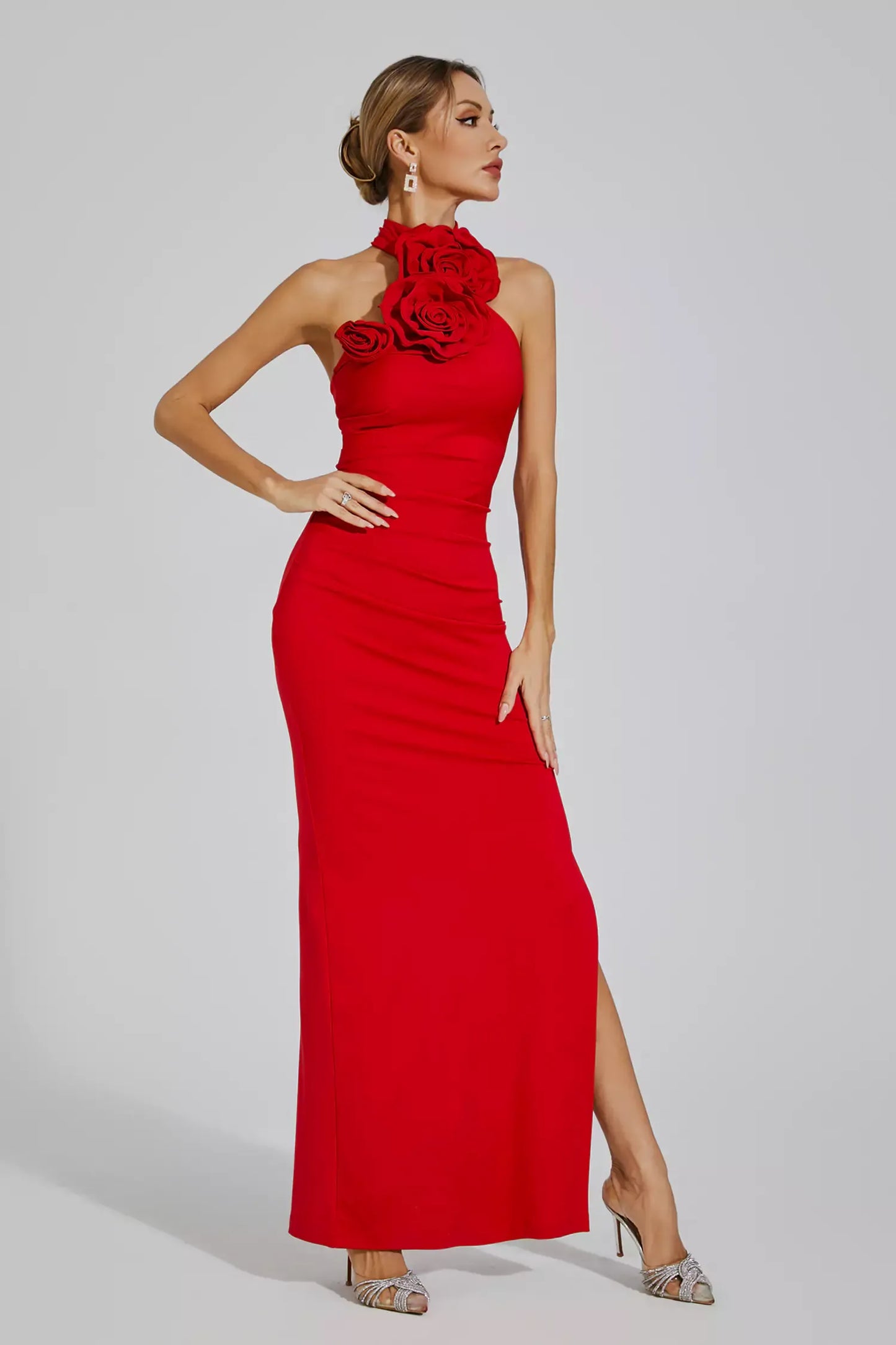 Dalary Red Floral Ruched Halter Maxi Dress