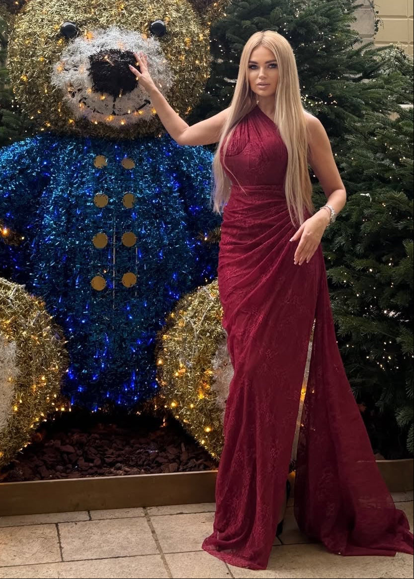 Minya One Shoulder Draped Lace Maxi Dress In Burgundy