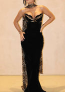 Jyressa Strapless Animal Print Bustier Maxi Velvet Dress In Black
