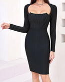 Daxian Long Sleeve Structured Midi Dress In Black