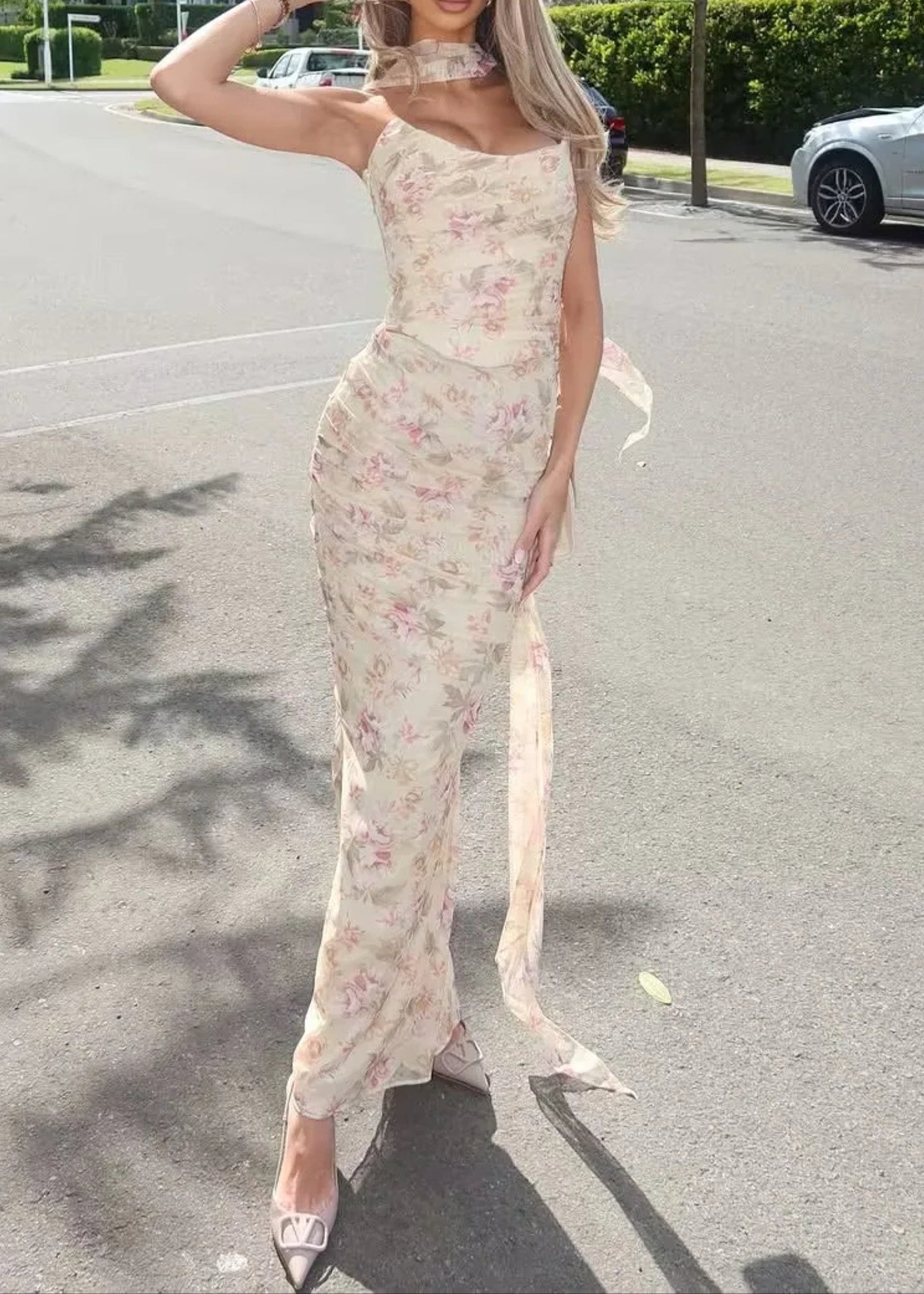 Nahuel Strapless Floral Two Piece Maxi Dress In Apricot