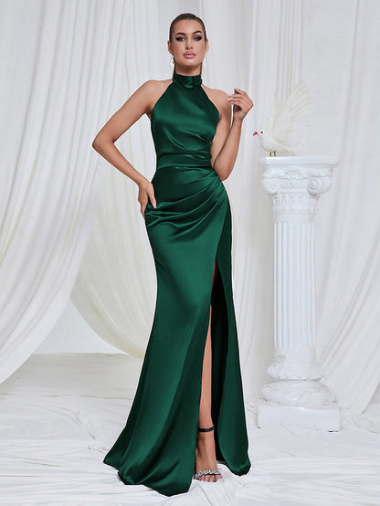 Atarah Halter Slit Satin Mermaid Maxi Dress In Green