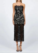 Avena Strapless Floral Corset Midi Dress In Black