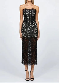 Avena Strapless Floral Corset Midi Dress In Black