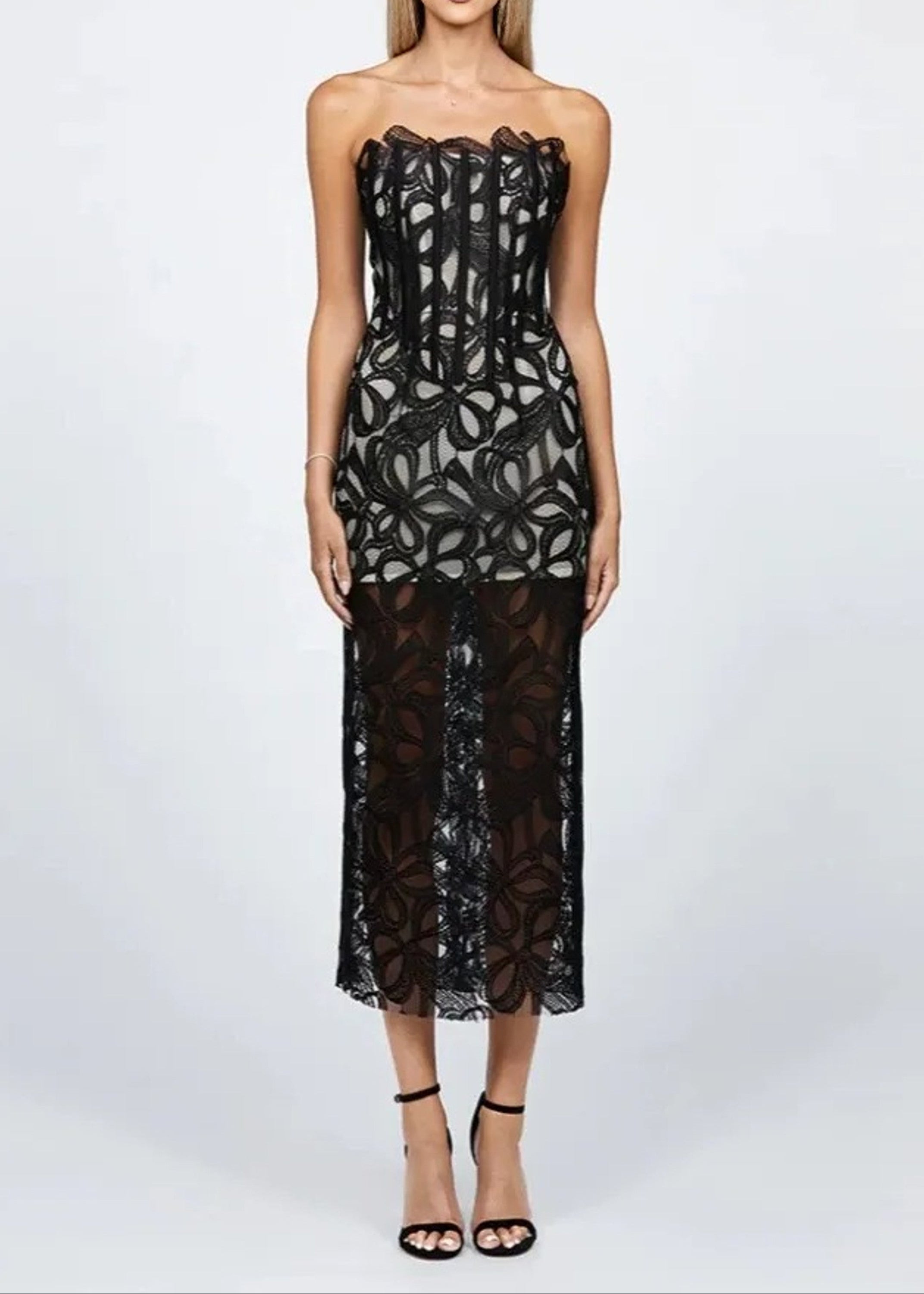 Avena Strapless Floral Corset Midi Dress In Black