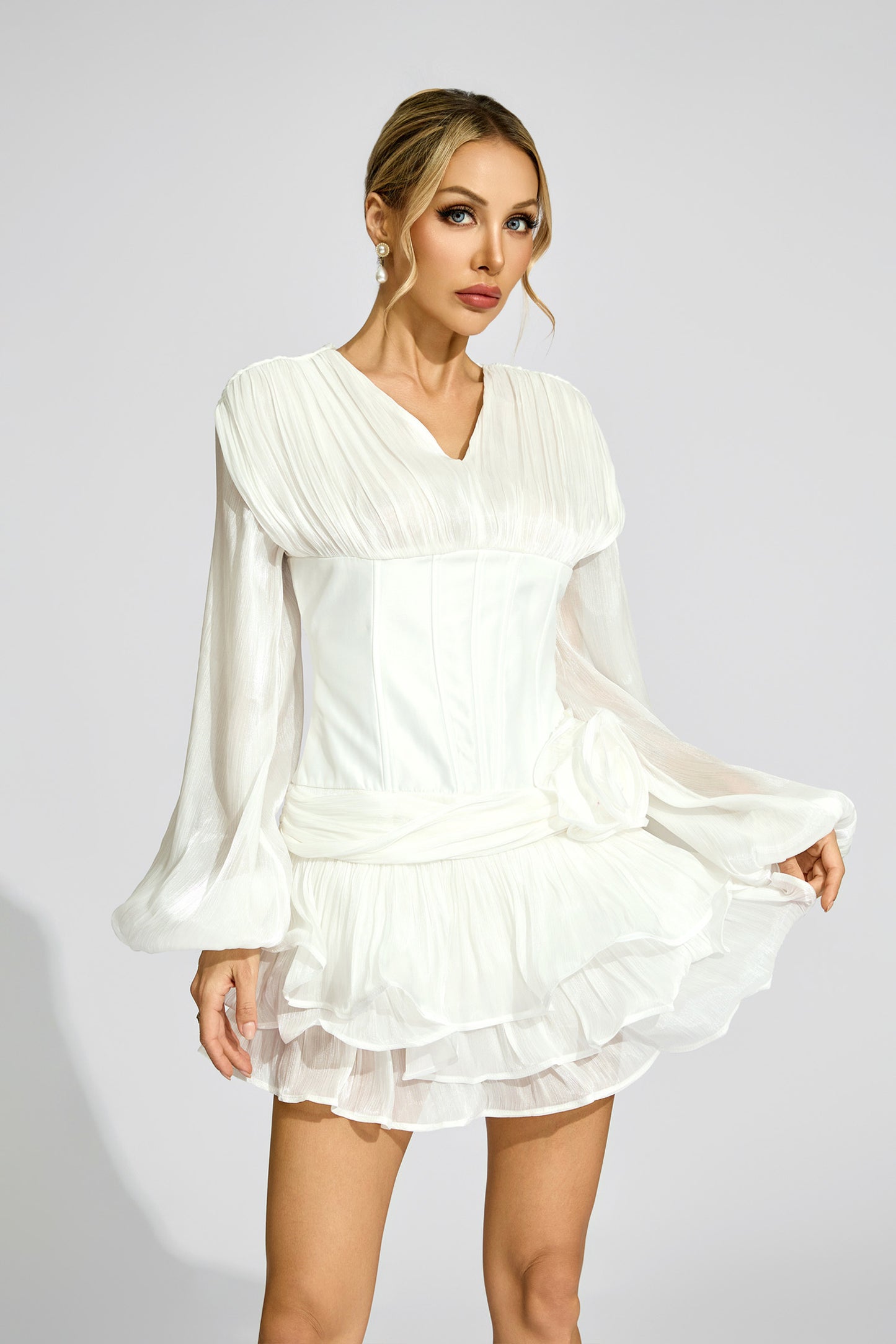 Aislyn 3D Flower Ruffle Trim Mini Dress In White