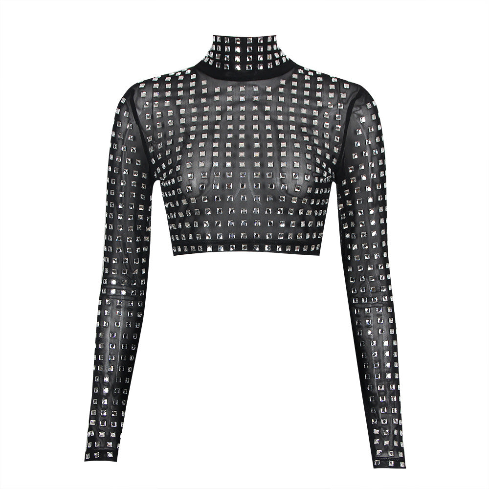 Gustine Long Sleeve Embellished Mesh Top
