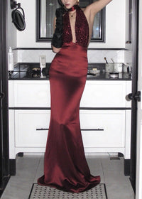 Flagria Plunge Neck Satin Sequin Maxi Dress