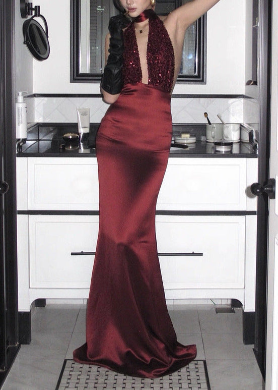 Flagria Plunge Neck Satin Sequin Maxi Dress