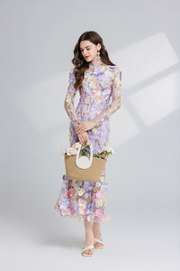 Thalvix Floral Embroidery Mesh Long Sleeve Midi Dress In Purple
