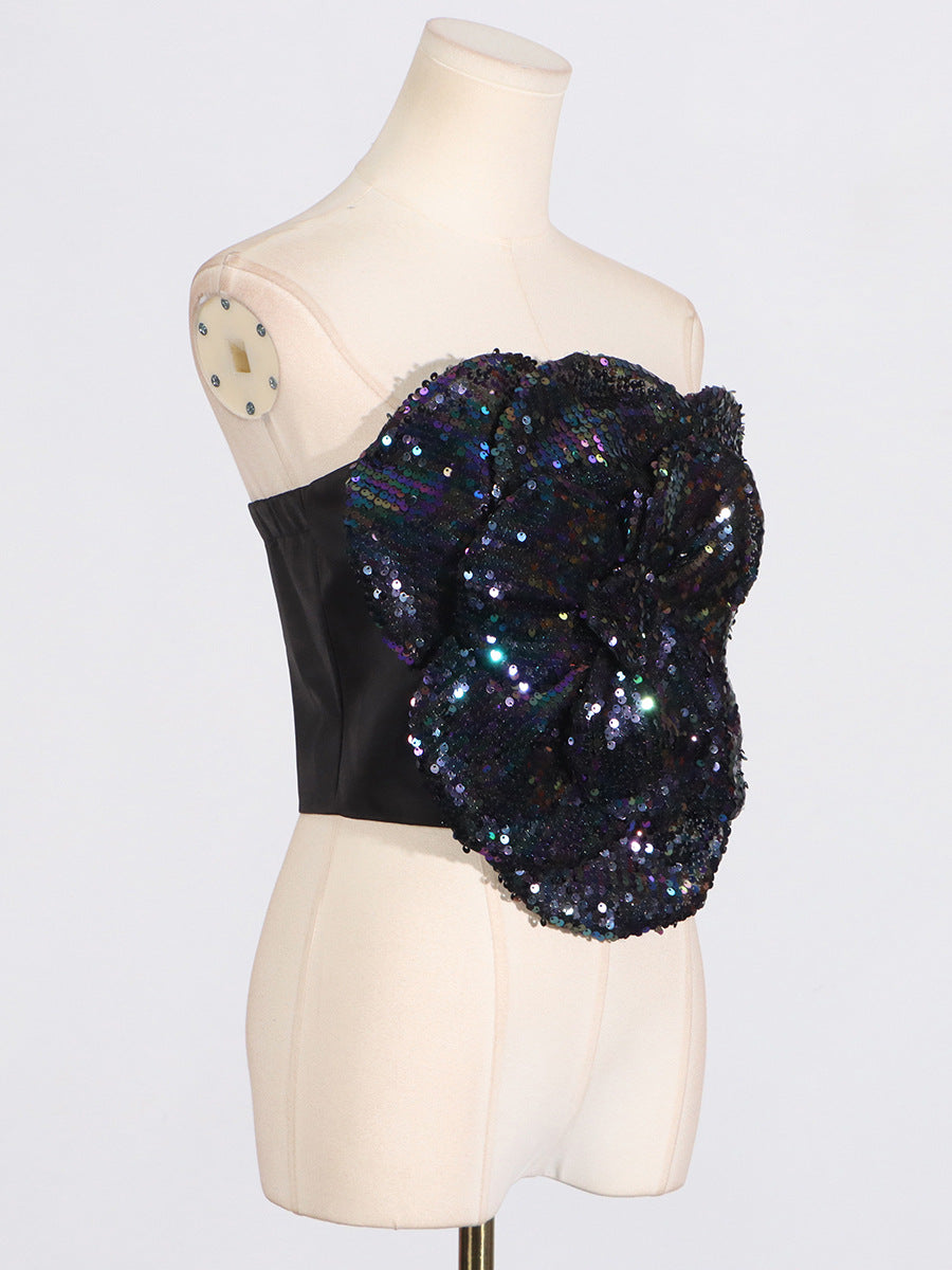 Aniceta Sequin Flower Crop Top In Navy Blue