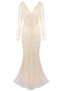 Hyrthos Long Sleeve Pearl Sequin Maxi Dress In Ivory