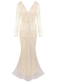 Hyrthos Long Sleeve Pearl Sequin Maxi Dress In Ivory