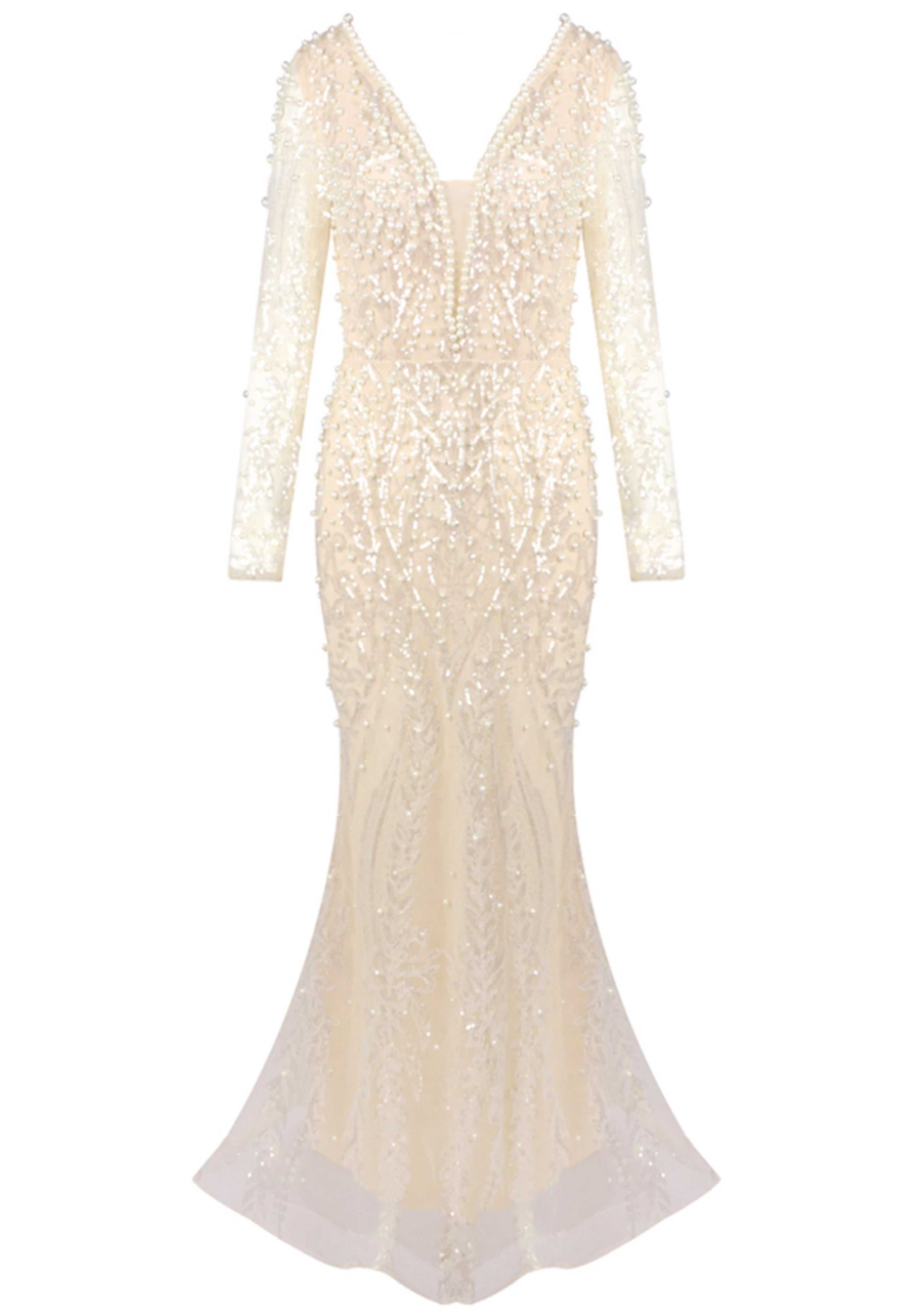 Hyrthos Long Sleeve Pearl Sequin Maxi Dress In Ivory