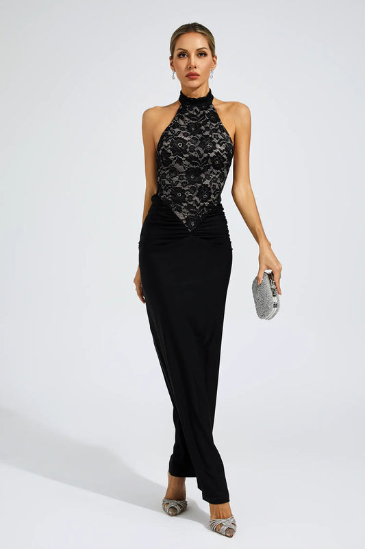 April Halter Neck Lace Bodycon Maxi Dress In Black