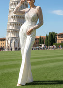 Galvon Long Sleeve Sequin Mesh Jumpsuit In White