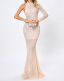 Harini One Sleeve Embellished Mesh Maxi Dress In Nude