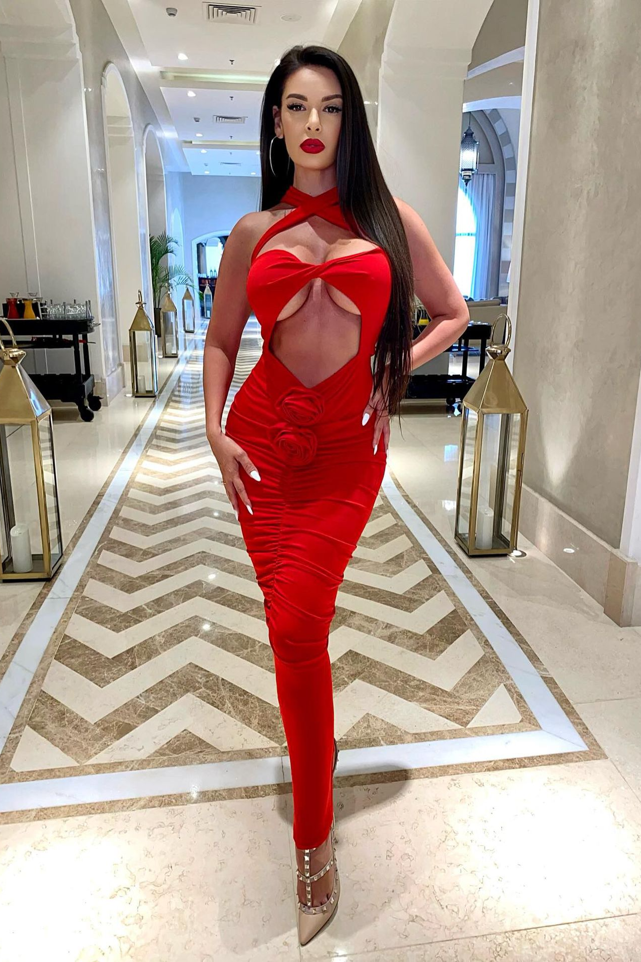 Jikia Rose Bodycon Maxi Dress In Red