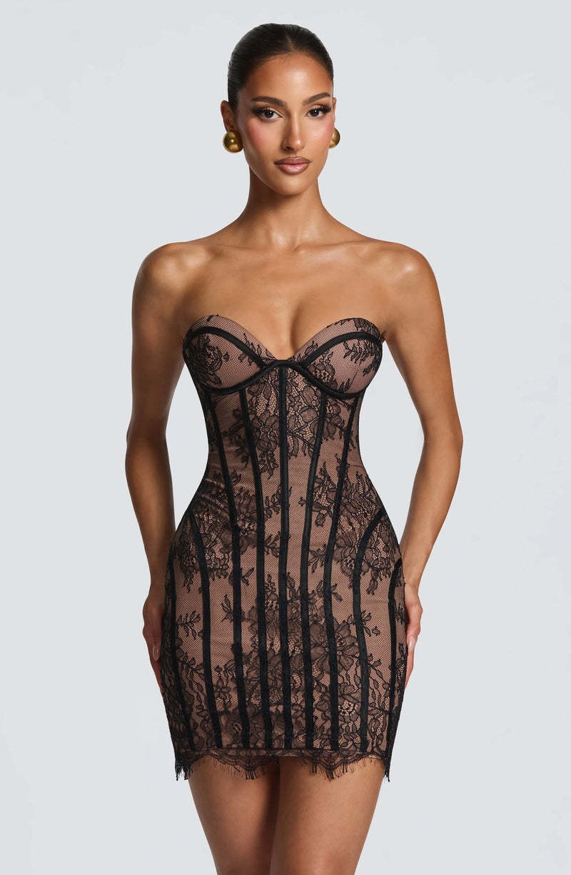 Caelvorn Strapless Lace Corset Mini Dress