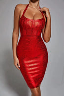 Lakendra Neck Metallic Bandage Dress In Red