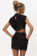 Brasken Cape Sleeve Satin Lace Skirt Set In Black