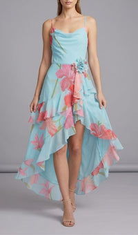 Ares Floral-Print Ruffled Silk Midi Dress In Light Blue