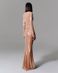 Damla Long Sleeve Sequin Two Piece Maxi Dress In Ivory