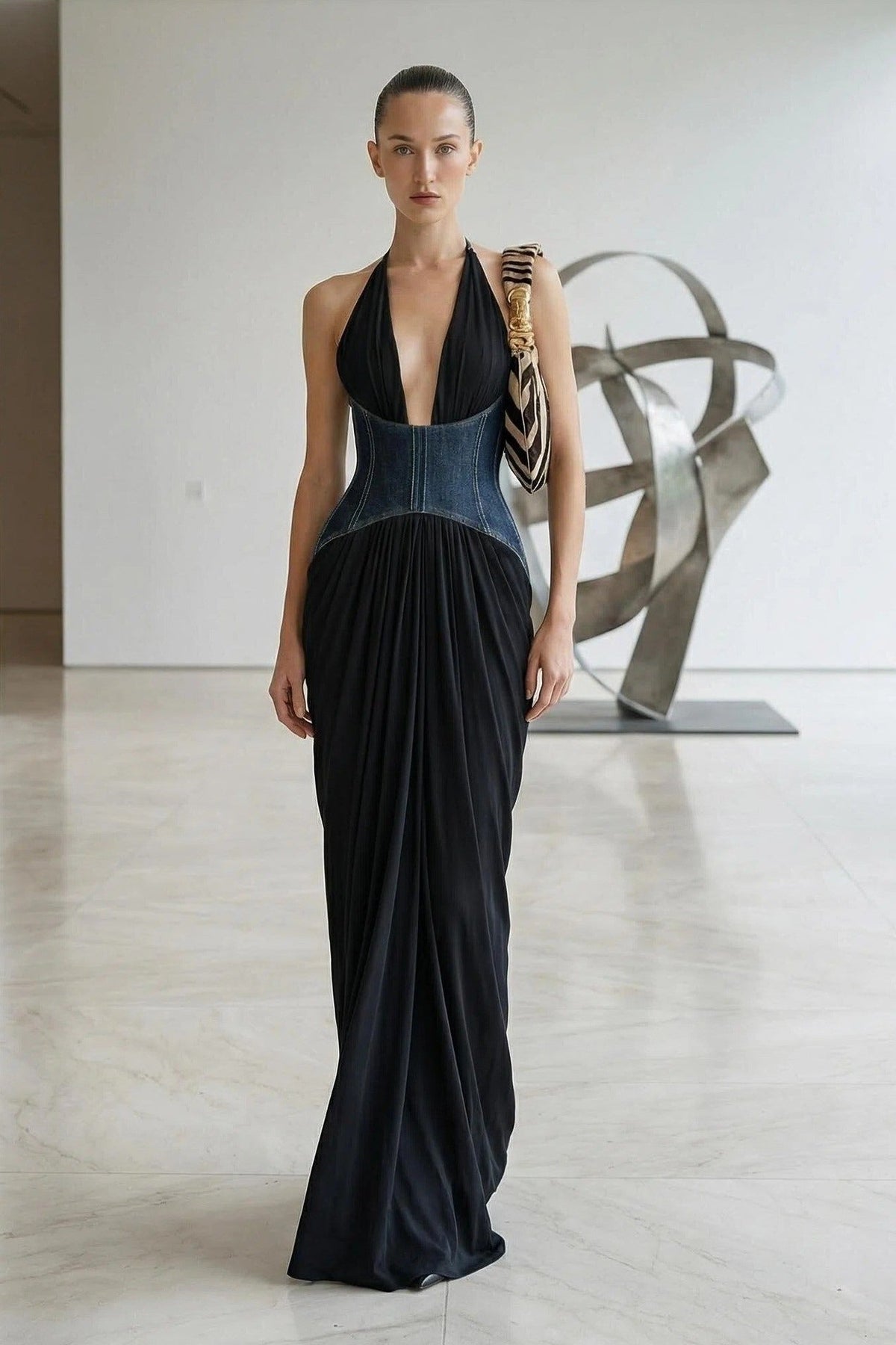 Chyna Halter Denim Insert Maxi Dress In Black