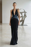 Chyna Halter Denim Insert Maxi Dress In Black