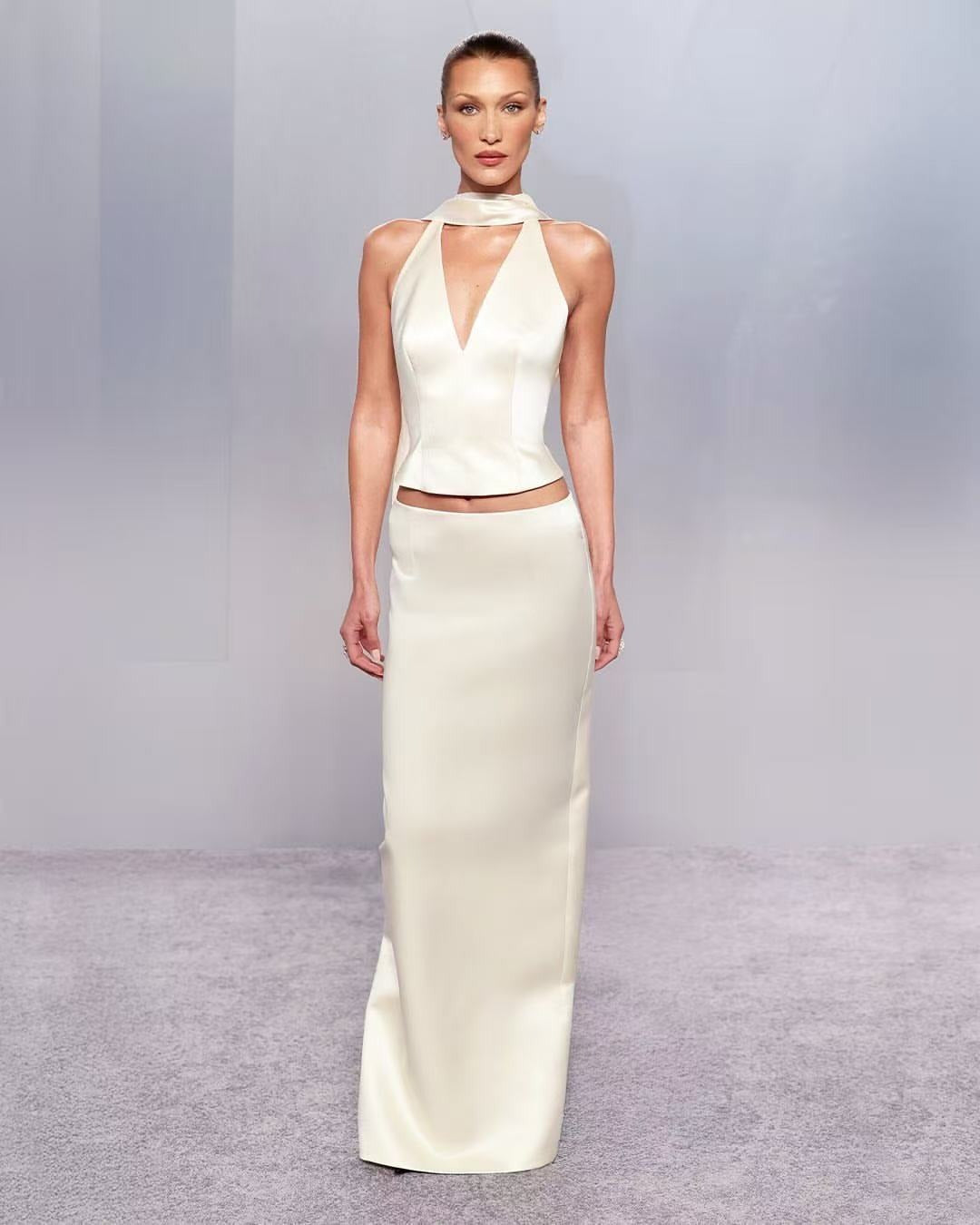 Uveria Ivory Plunge Neck Satin Top & Skirt Set