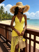 Iovrek Yellow Halter Neck Lace Maxi Dress