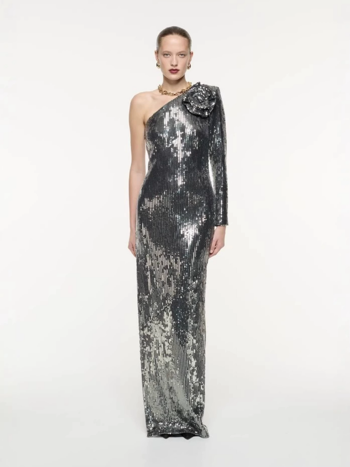 Terrica Floral-Appliqué Sequin Gown In Silver
