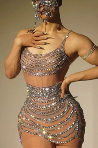 Lunexra Scoop Neck Rhinestone Mesh Mini Dress