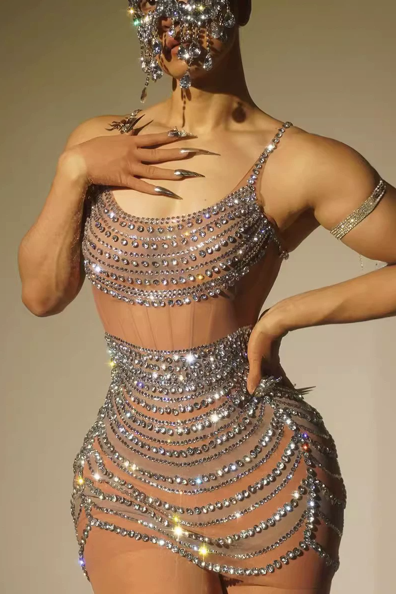 Lunexra Scoop Neck Rhinestone Mesh Mini Dress
